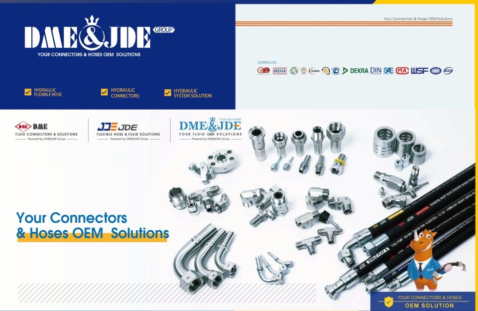 Many DME&JDE hydraulic hose assemblies and connectors are displayed.