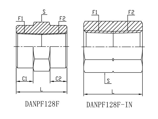 A drawing of DANPF128F hydraulic adaptor.