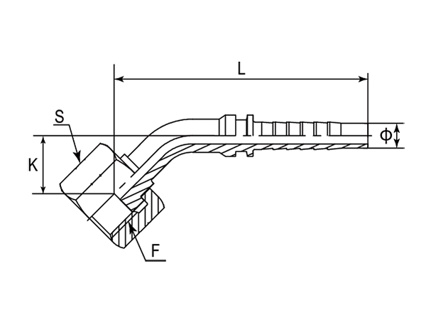 A drawing of DP4ORF 45° elbow hose fitting insert connector.