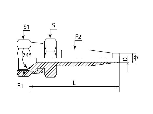 A drawing of DP1JCF-RU reusable hose fitting of DME&JDE.