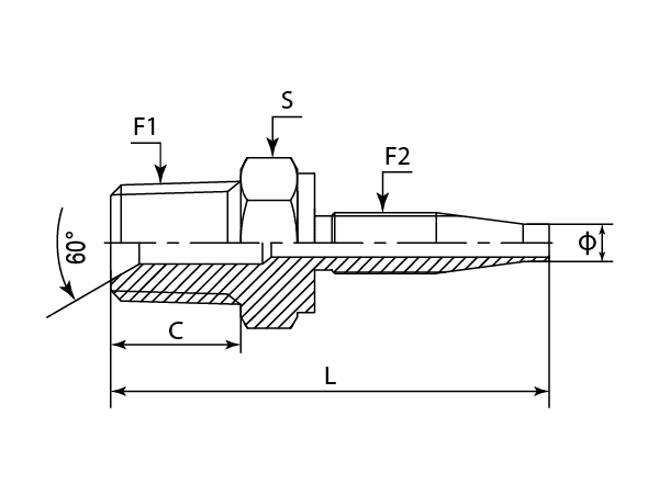 A drawing of DP1NPM-RU reusable hose fitting of DME&JDE.