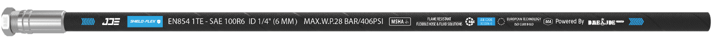 A SAE J517 R6 flexible hose is marked with the important information: brand, standard, sizes and part number.